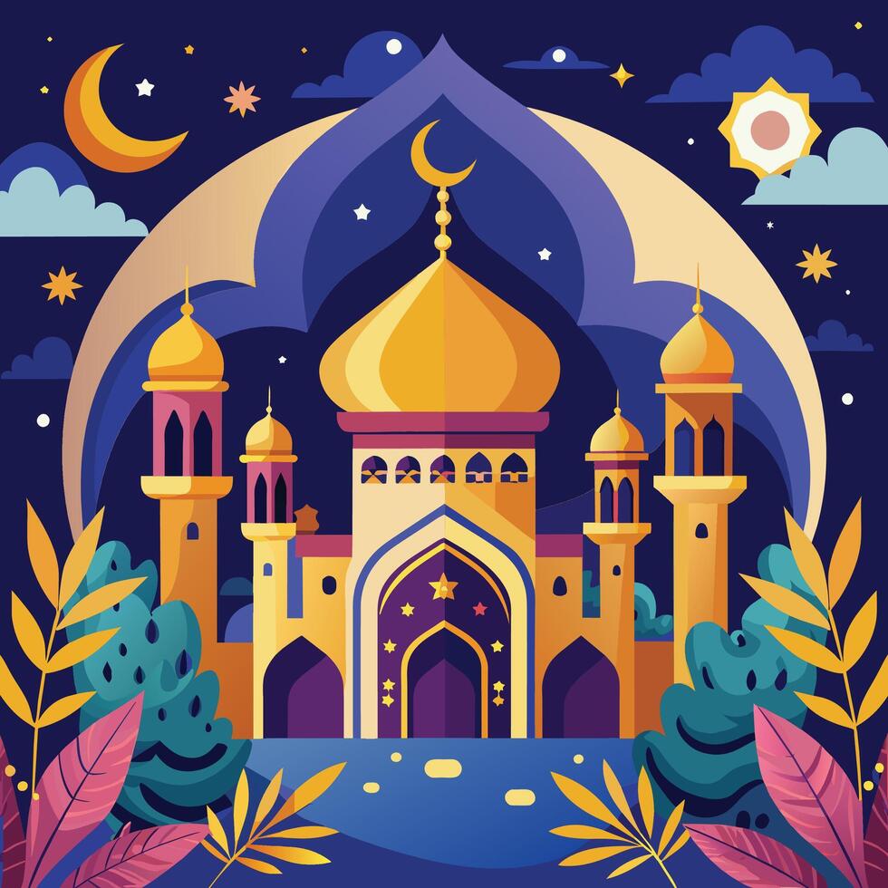 Mosque at night vector illustration. Ramadan Kareem greeting card design.