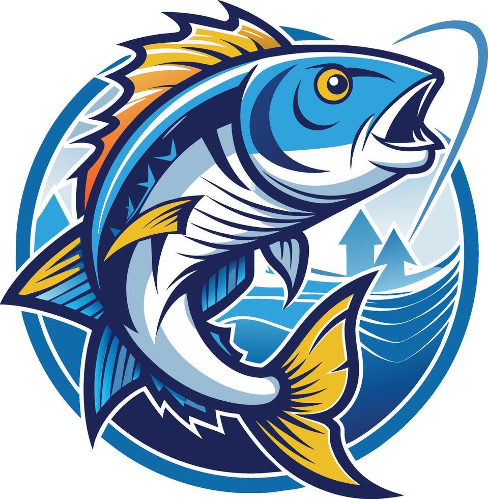 Illustration of a blue fish with a fishing rod  retro style. vector
