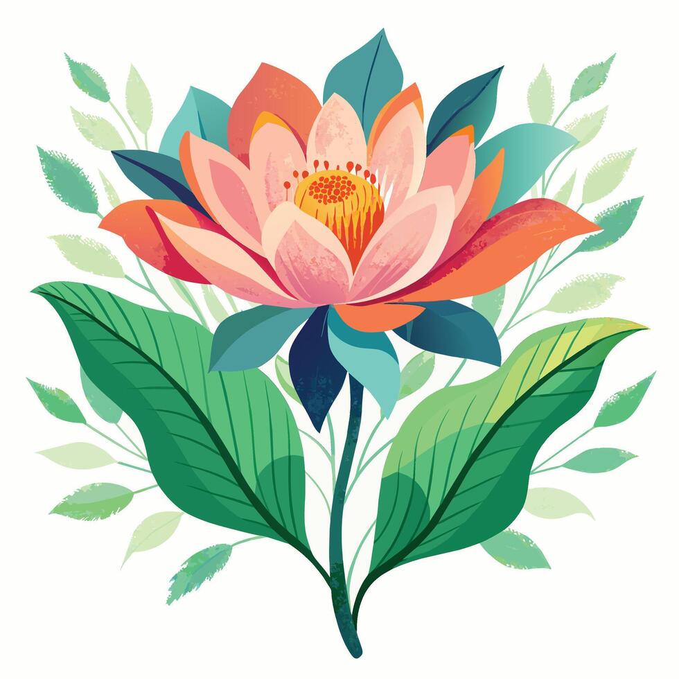 Beautiful pink lotus flower and green leaves. Vector illustration.