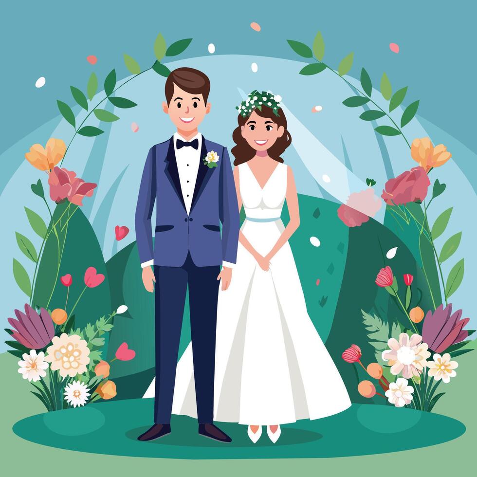 bride and groom couple with flowers and plants cartoon vector illustration