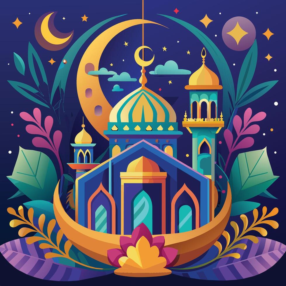 vector ilustración de Ramadán kareem saludo tarjeta con mezquita y creciente Luna