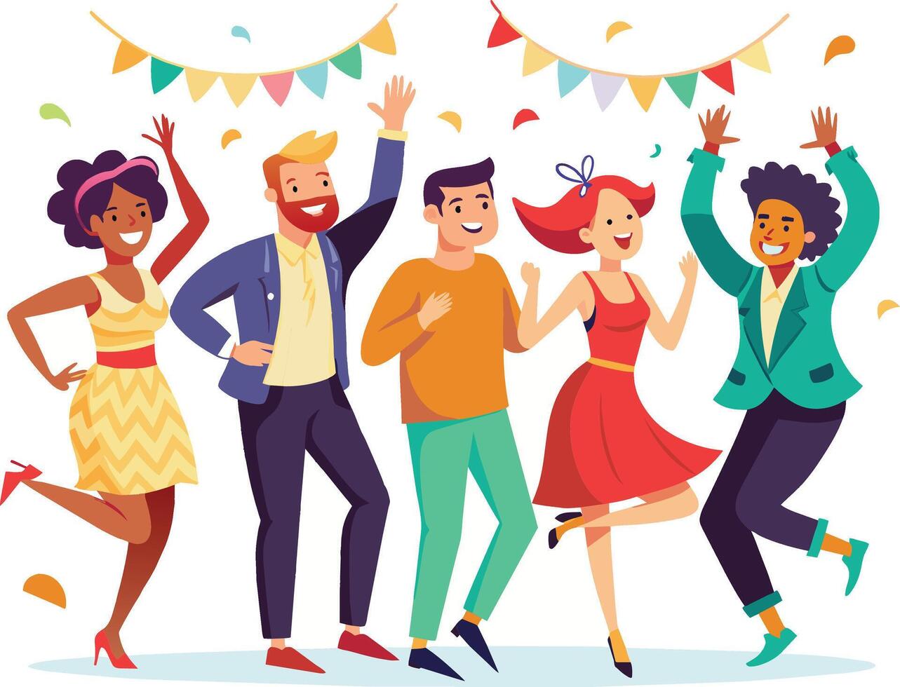 contento joven personas bailando y teniendo divertida. grupo de amigos en fiesta. vector ilustración