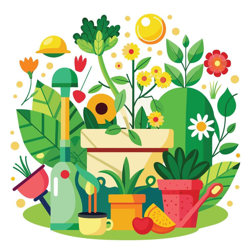 Gardening flat vector illustration. Gardening tools and plants.