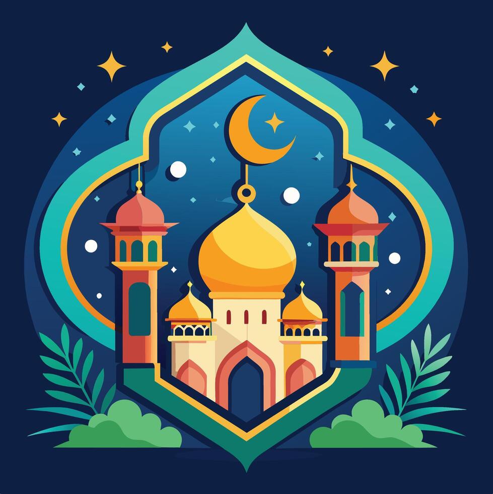 Ramadán kareem saludo tarjeta con mezquita y Luna. vector ilustración
