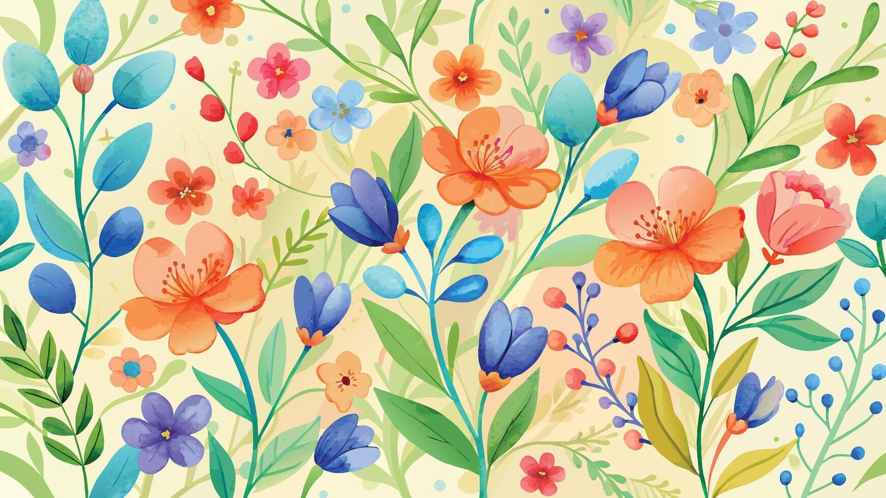 watercolor Seamless pattern with colorful flowers and leaves. Vector