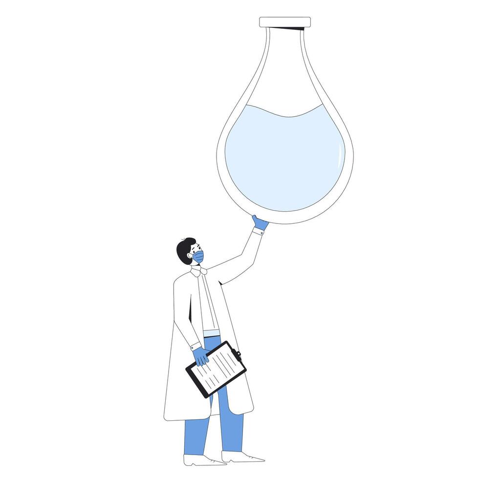 Young scientist. Male character standing with his new project isolated on a white background. Researcher with experiment results. Intern or student of biotech. vector