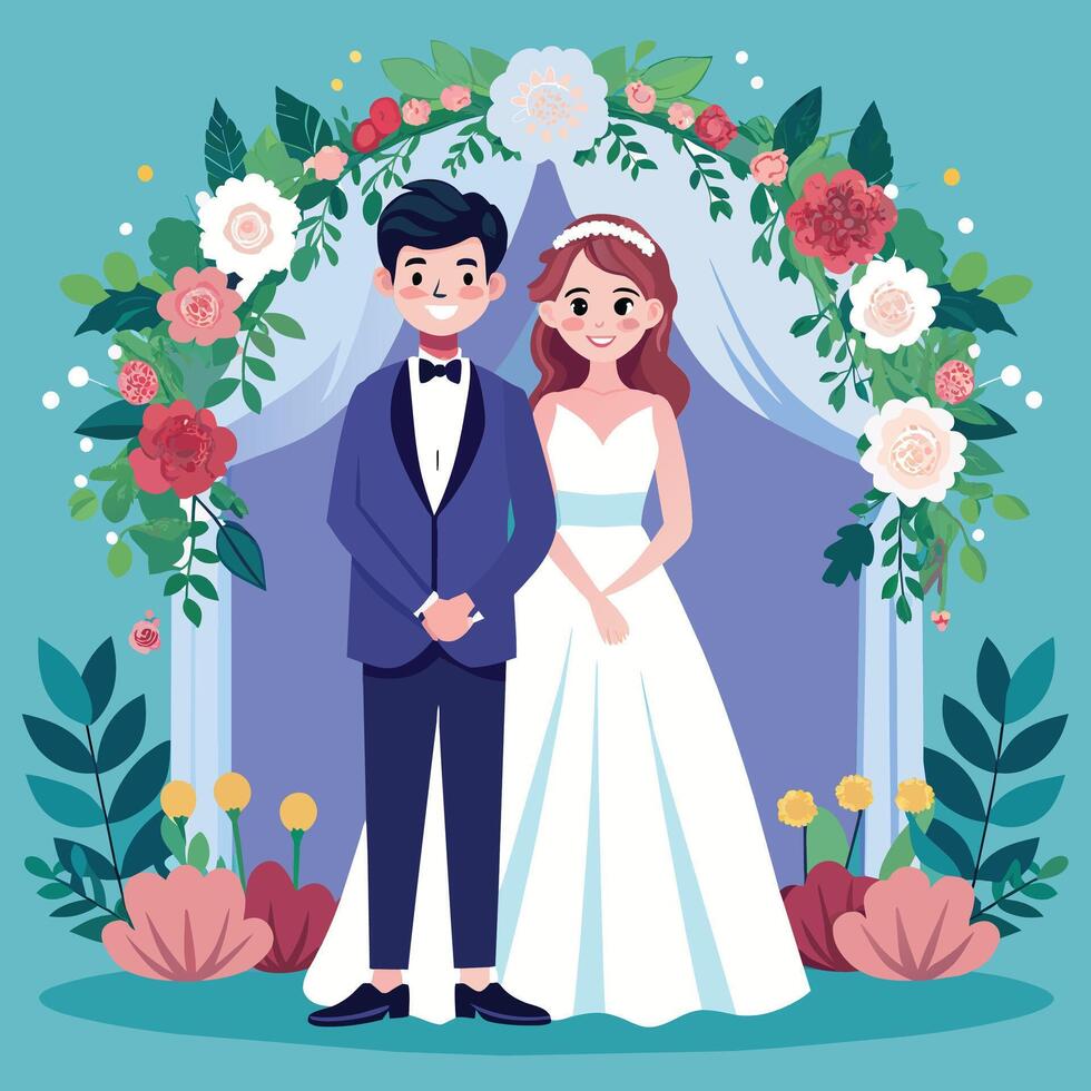 wedding couple with floral decoration background vector illustration