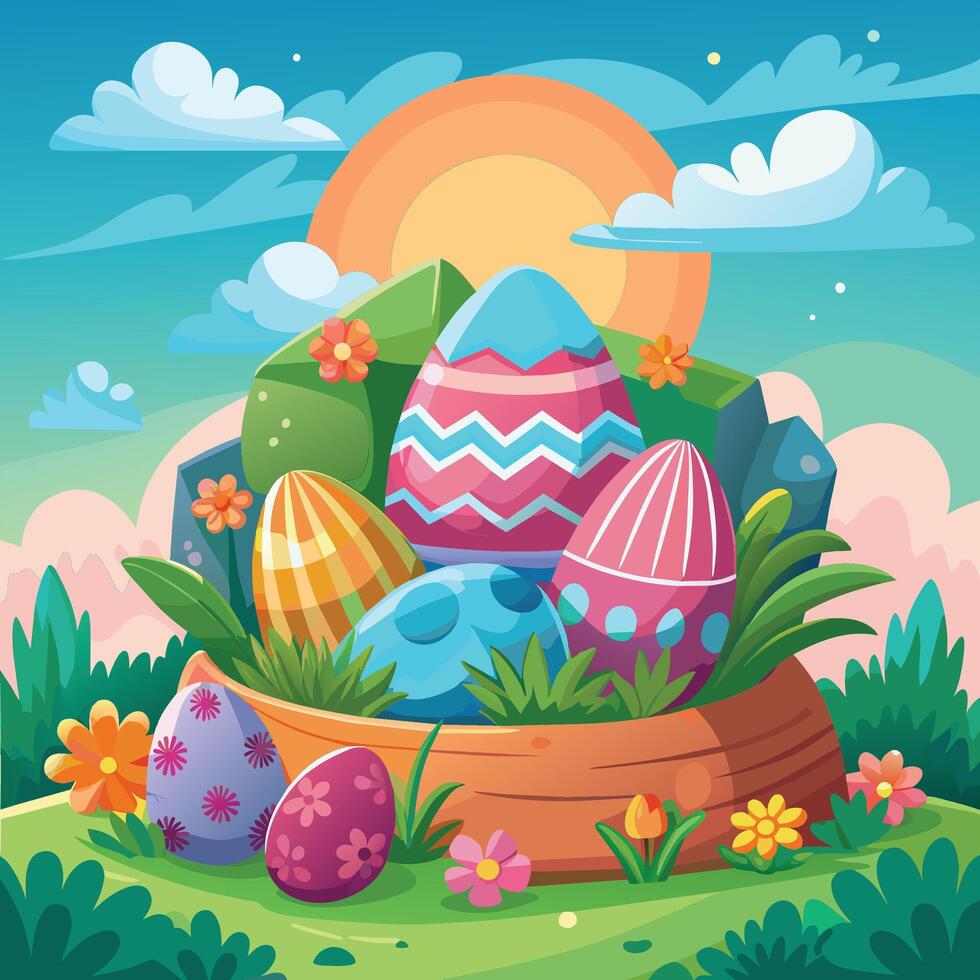 Easter eggs and flowers in the garden vector illustration graphic design.