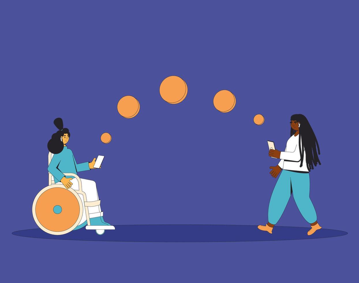 Online payment concept. Secure mobile pay. Characters with phones transfer a money each other. Vector line art illustration.