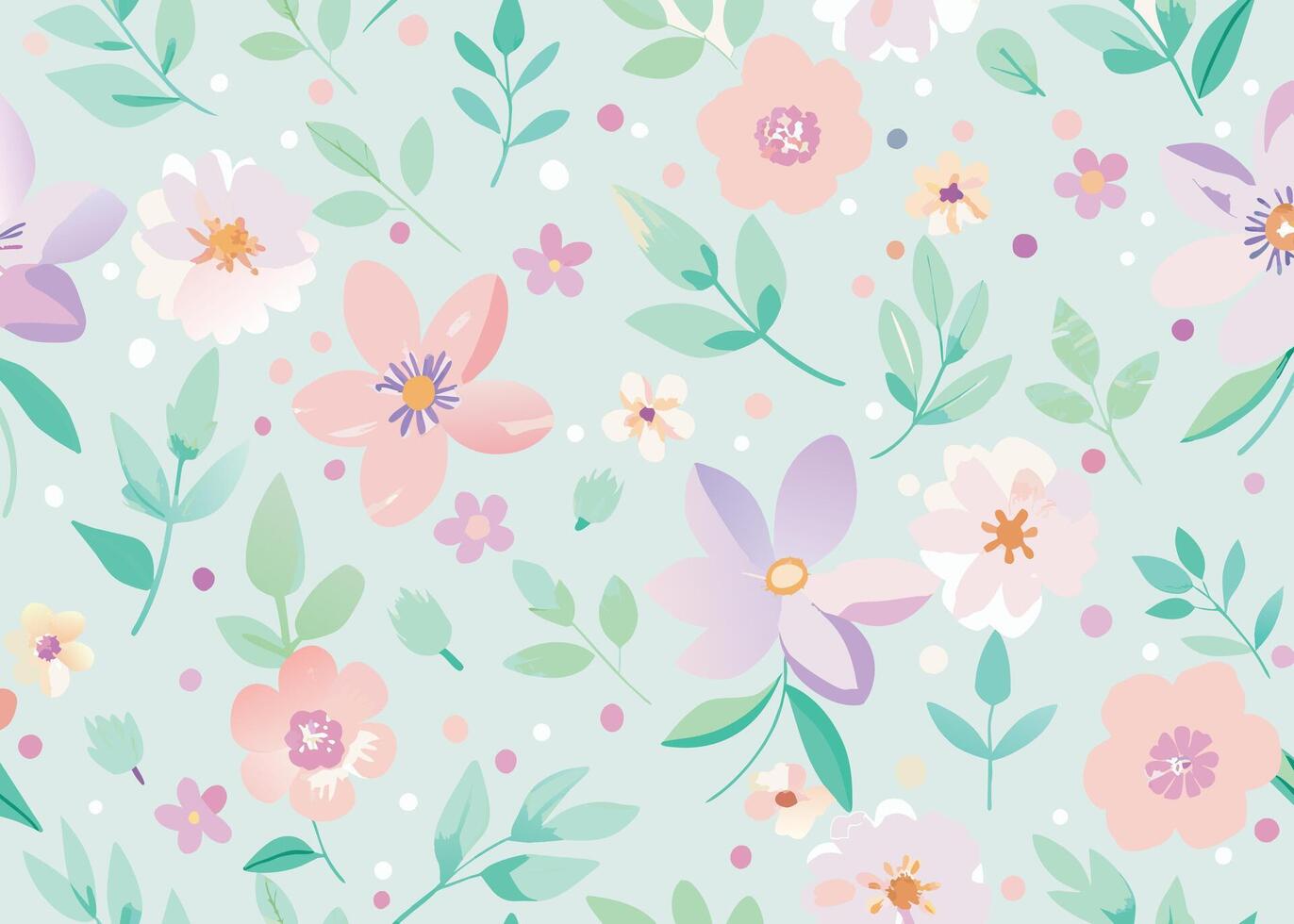 Seamless pattern with flowers and leaves. Floral vector background. Pastel Color