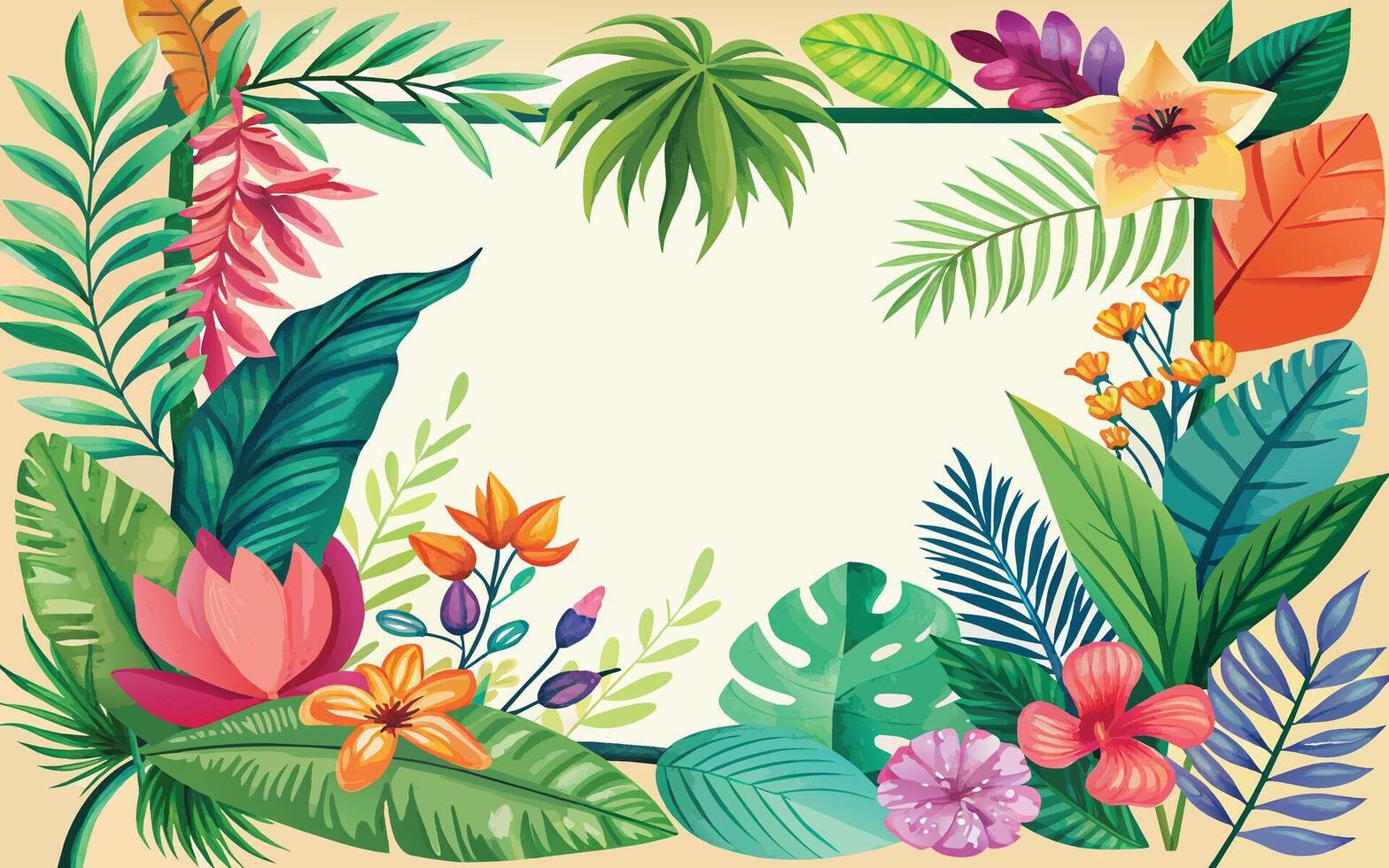 marco con tropical hojas y flores vector ilustración en plano estilo.