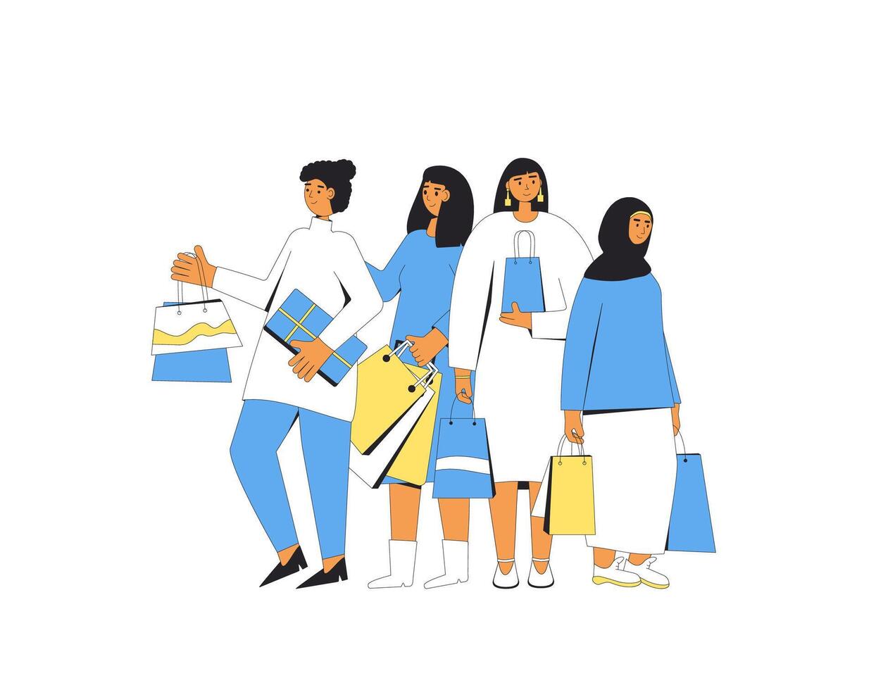 Young women with shopping bags. Women standing together with their new goods. vector