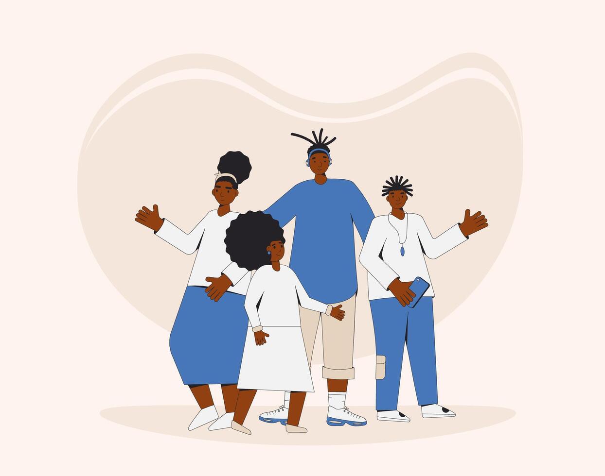 Group of african american teenagers standing together. Young female and male friends wearing in casual clothes. Boys and girls. Vector line illustration.