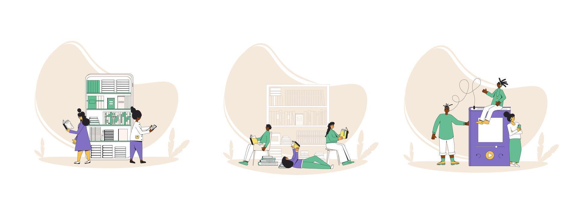 People with books set. Literature fans collections. Reading togehter scenes. vector