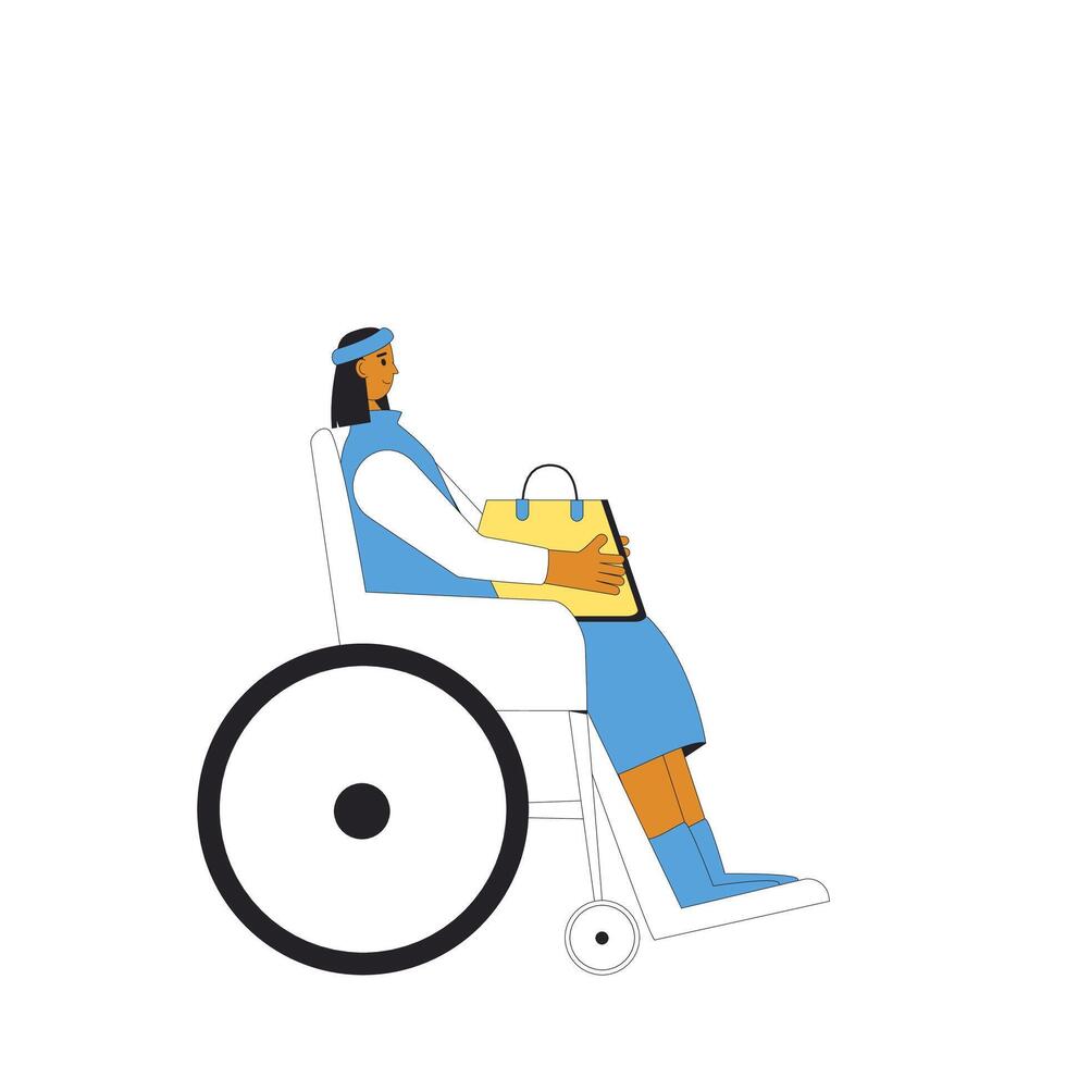 Inclusion tourism. Female character with bags. Wheelchair person isolated with luggage. vector