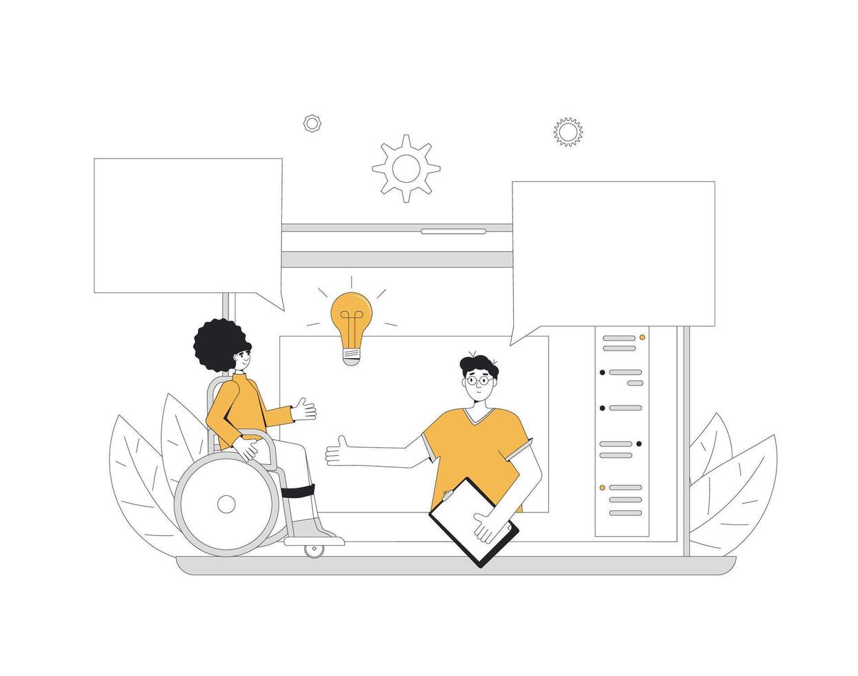 Video call meeting. Work online meeting. Digital inclusion communication. Colleagues talking to each other on computer screen. vector