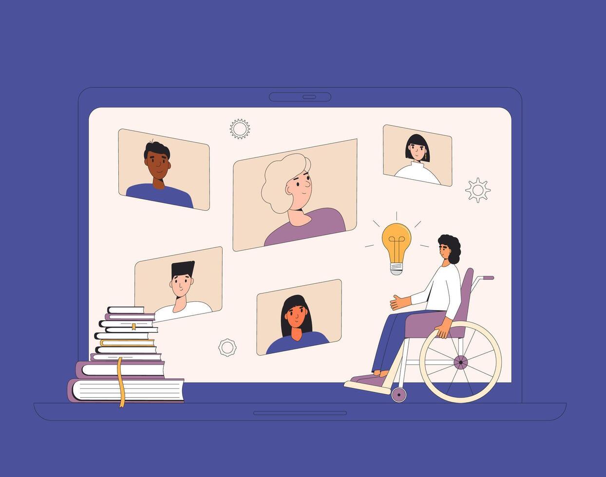 Online education. Digital learning. People talking to each about science. Teacher and students. Internet webinar or online video training. Seminar. vector