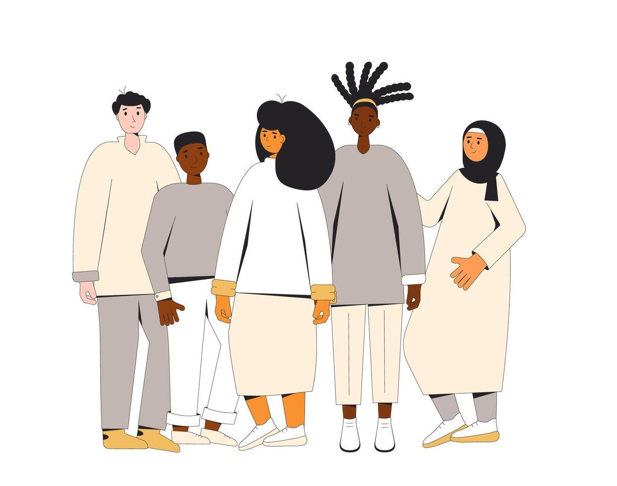 Group of diverse teenagers standing together. Young female and male friends wearing in casual clothes. Boys and girls hugging each other. Vector line illustration.