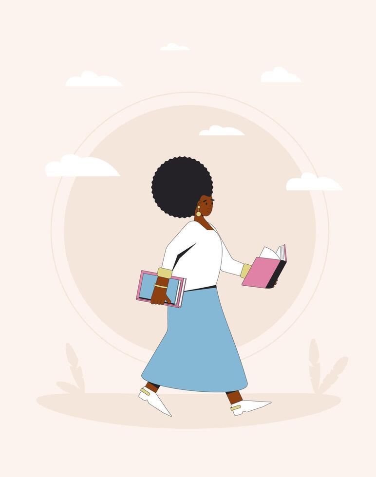 joven mujer caminando y leyendo libro. vector ilustración