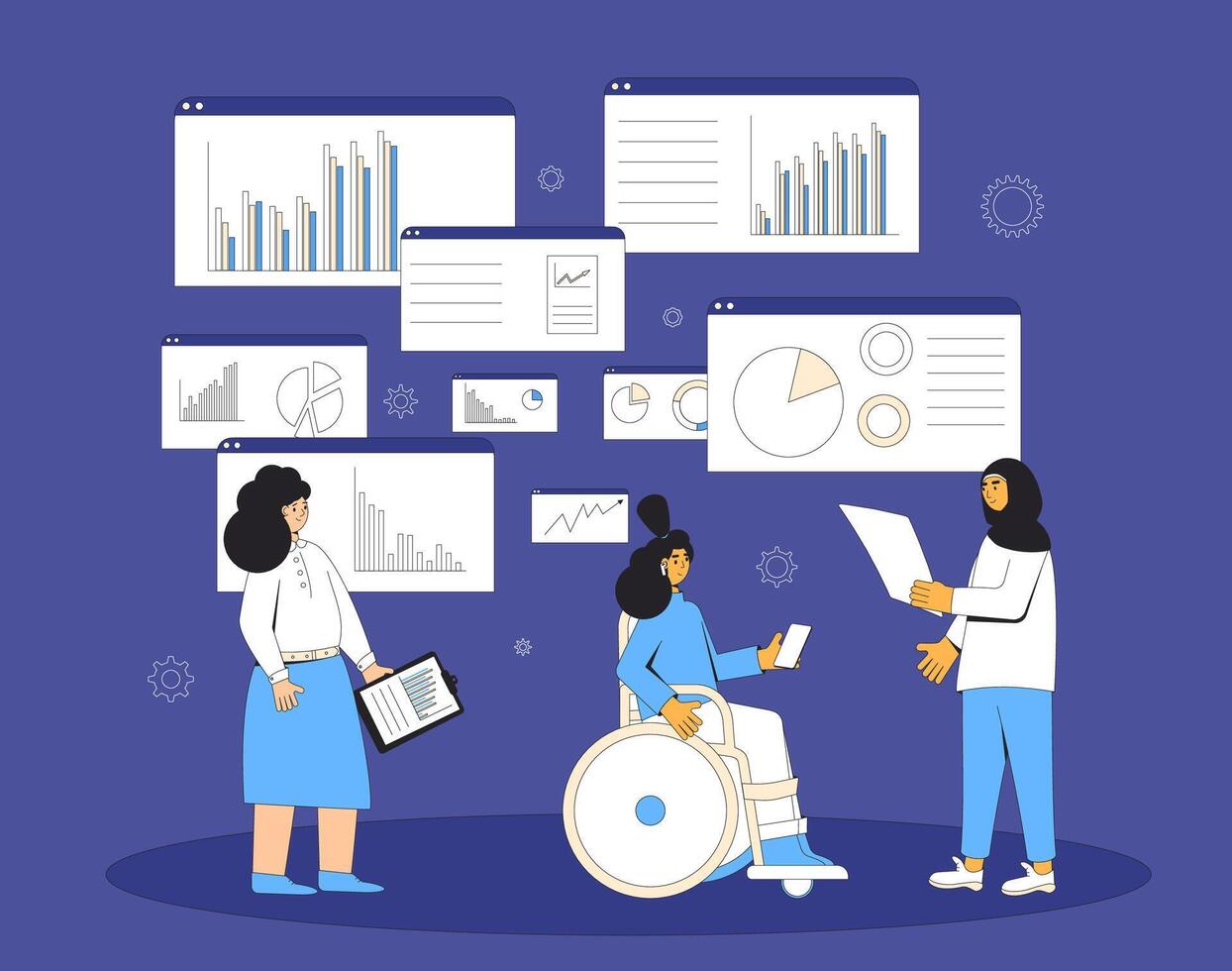 Female data scientists. Business analysis concept. Multicultural team with schemes and diagrams.  Financial researchers. Vector line art illustration.