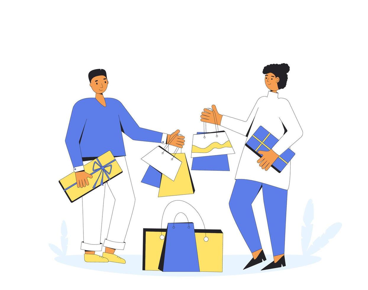 Two young characters with shopping bags. Man and woman standing together and holding their purchases. vector