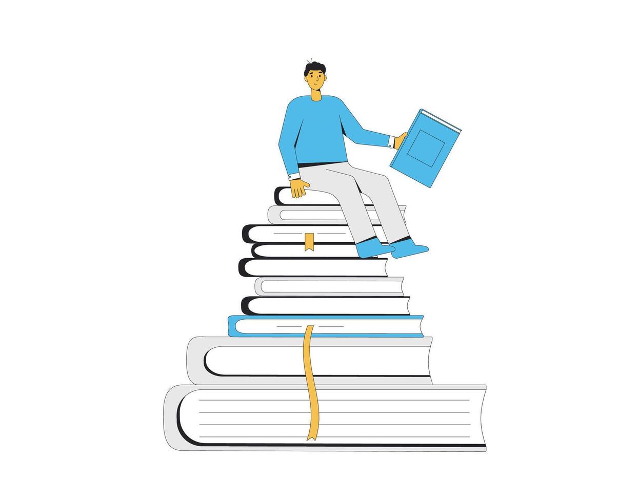 Knowledge symbol. Learning and education. Young man sitting on huge stack of books isolated on white background. Vector line art illustration.