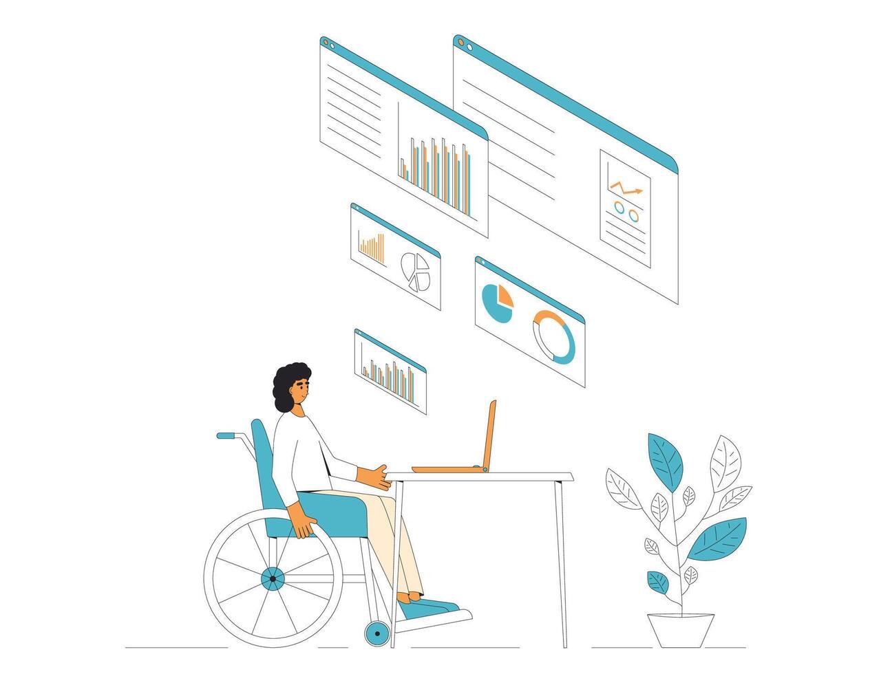 Data scientist. Business analyst concept. Woman in wheelchair working with schemes and diagrams. Female financial researchers. Vector line art illustration.