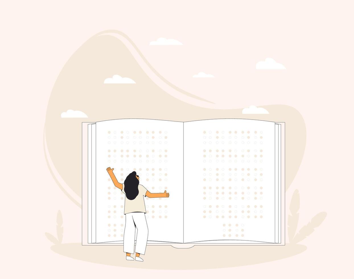 Blind young man with stick and book. Person with disability have a braille book. vector