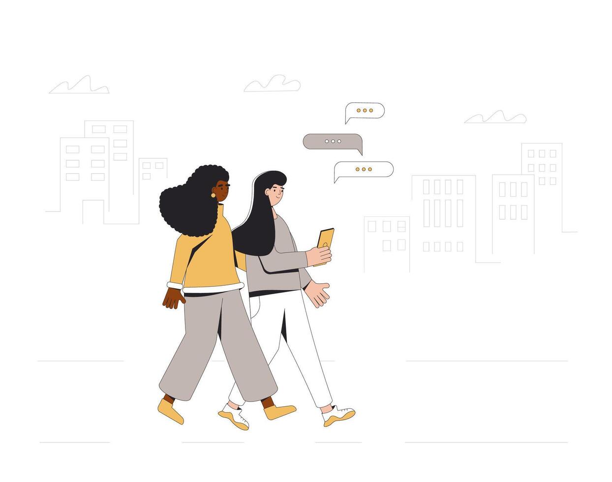 Two teenagers walking through the streets together. Young female friends wearing in casual clothes with phone. Pair. Vector line illustration.