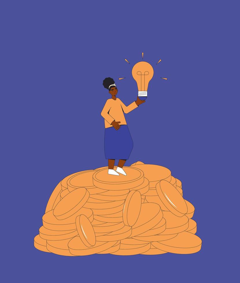 Wealth concept. Business idea for profit. Save money. Young manager standing with a lot of money and lightbulb in his hand. Investment income. Vector line art illustration.