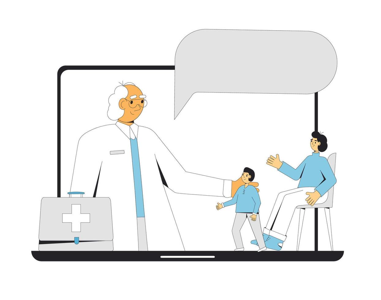 Online medical consultation. Telemedicine. Family doctor distant advise. Health care by internet. Mother and son have a healthcare remote services. vector