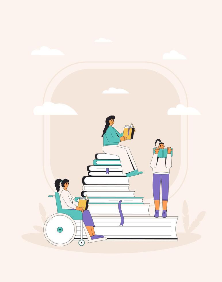 Teen girls with book. Literature fans. Vector color illustration.