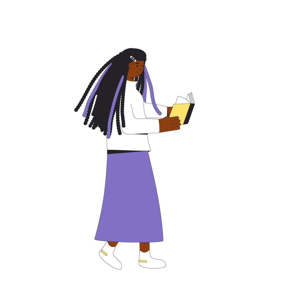 Adolescente niña en pie con libro aislado en blanco antecedentes. literatura admirador. libros amante. joven mujer leyendo un novedoso. vector