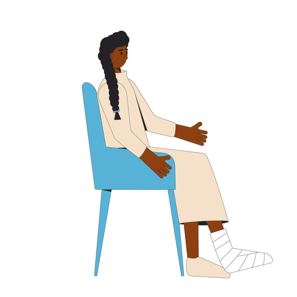 Young woman with feet toe trauma isolated on white background. Female person with broken leg sitting on a chair. Vector illustration.