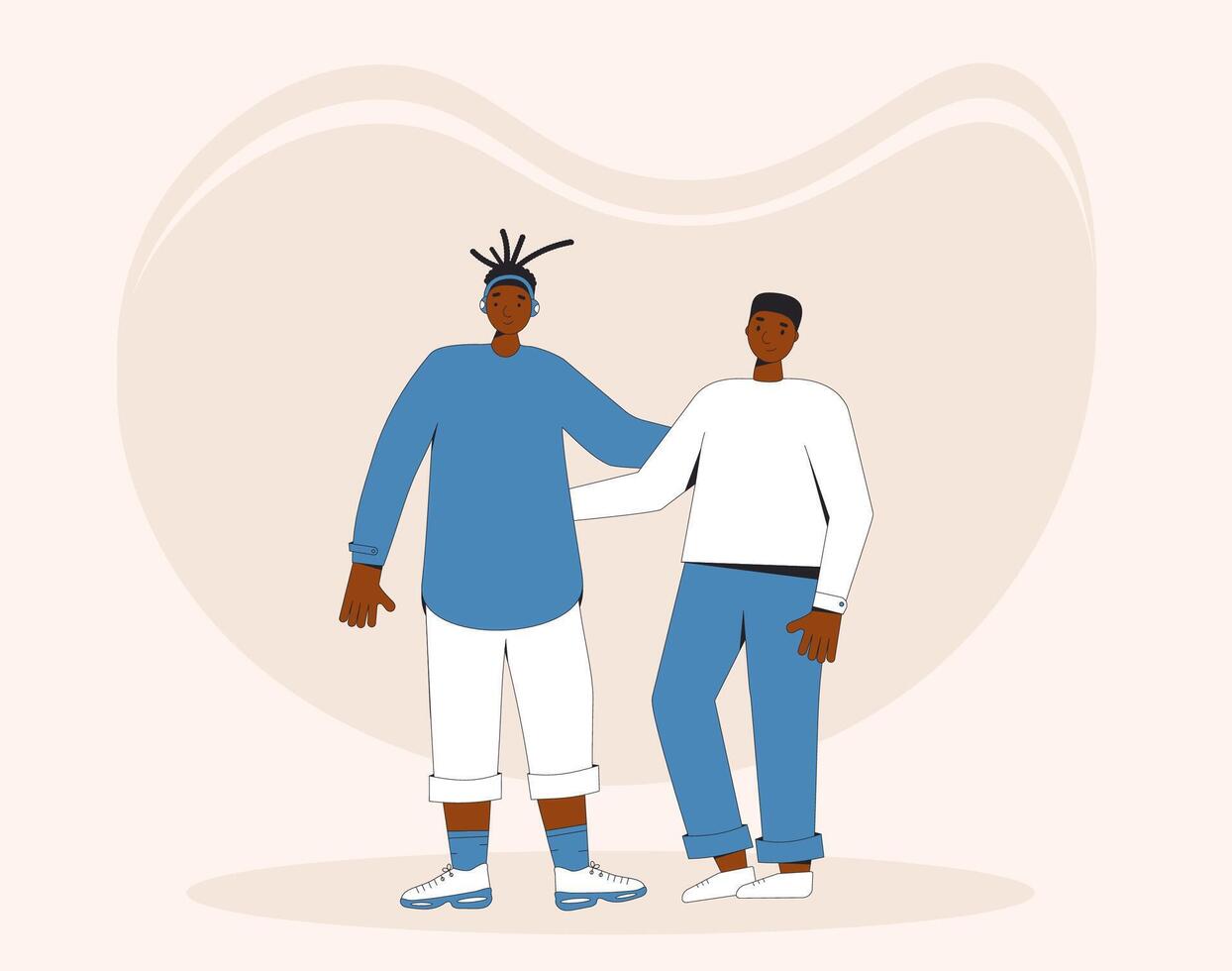 Two african american teenagers standing together. Young male friends wearing in casual clothes. Two boys mate. Vector line illustration.