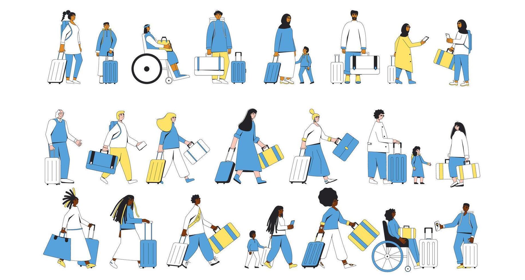 Tourists with bags. Travelers with luggage. vector