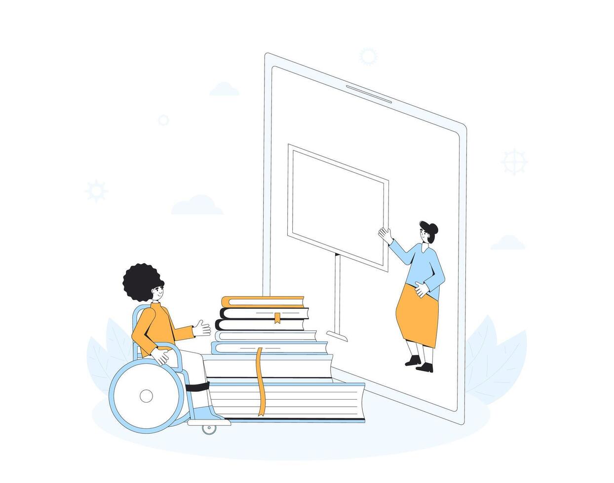 Online education. Wheelchair girl have an online class. Digital learning on tablet or smartphone screen. Internet webinar or online video training, course. Vector illustration.