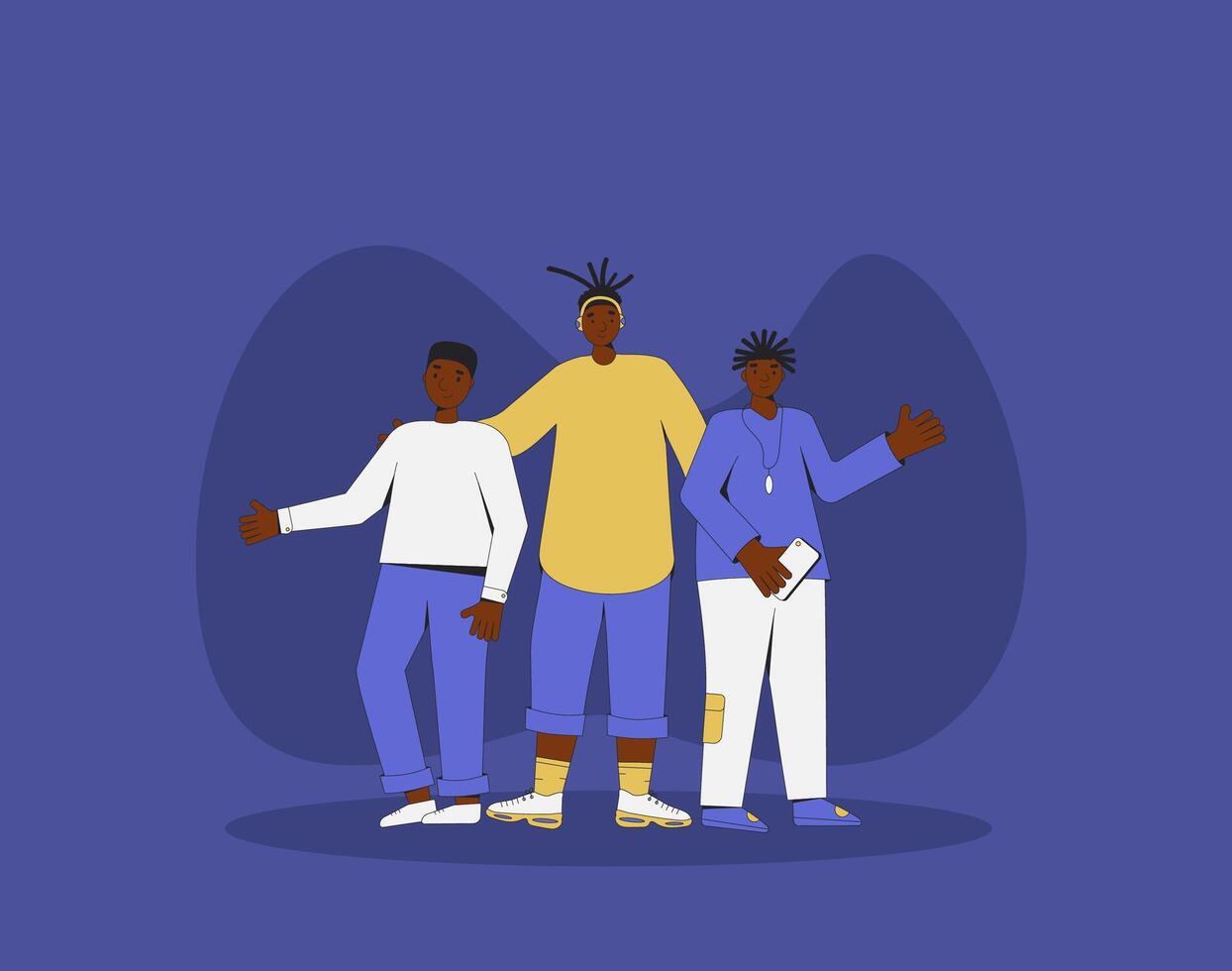 grupo de africano americano adolescentes en pie juntos. joven masculino amigos vistiendo en casual ropa. Tres Niños compañero. vector línea ilustración.