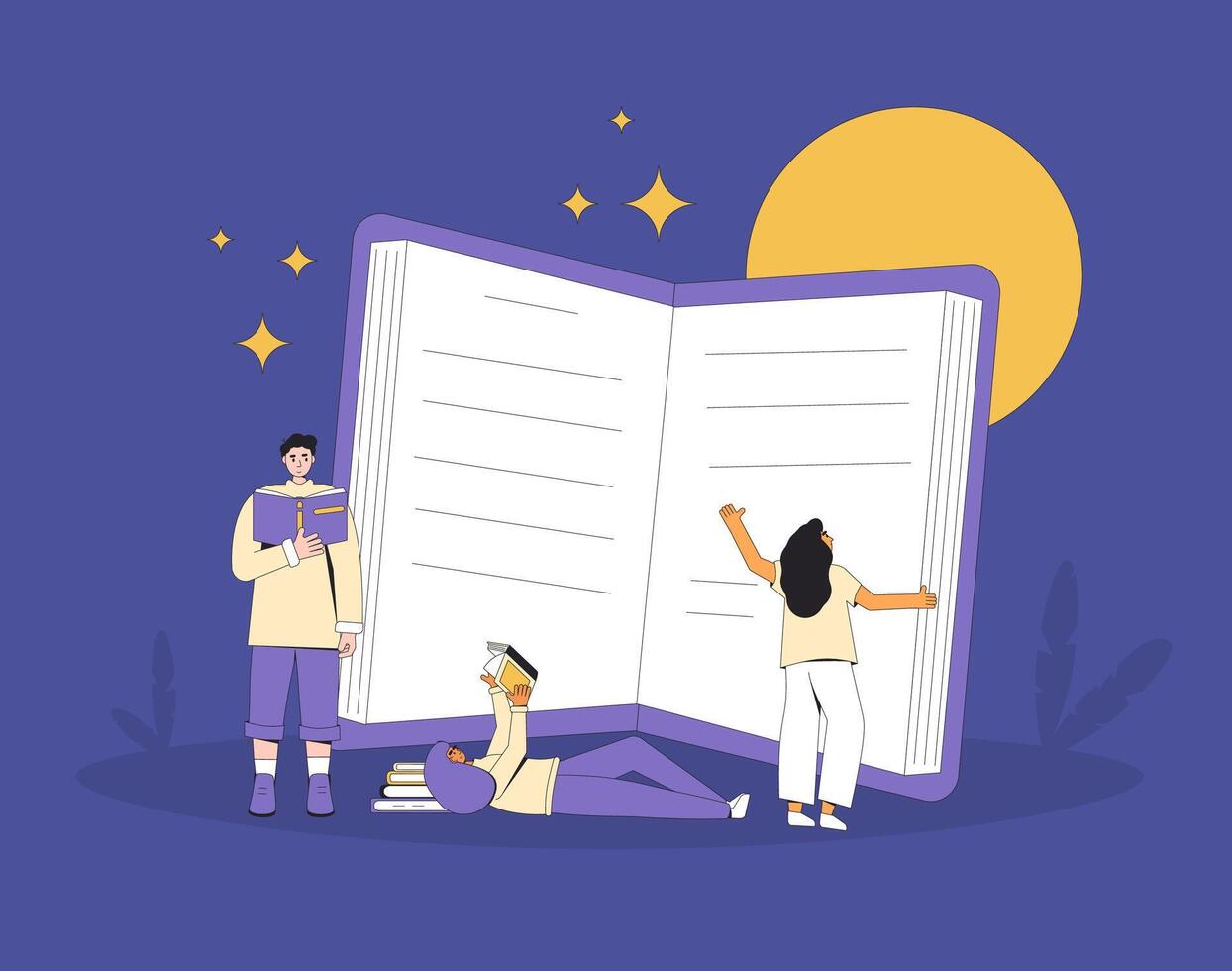 People with books. Young adults reading at night. Literature fan. Books lover. Vector illustration