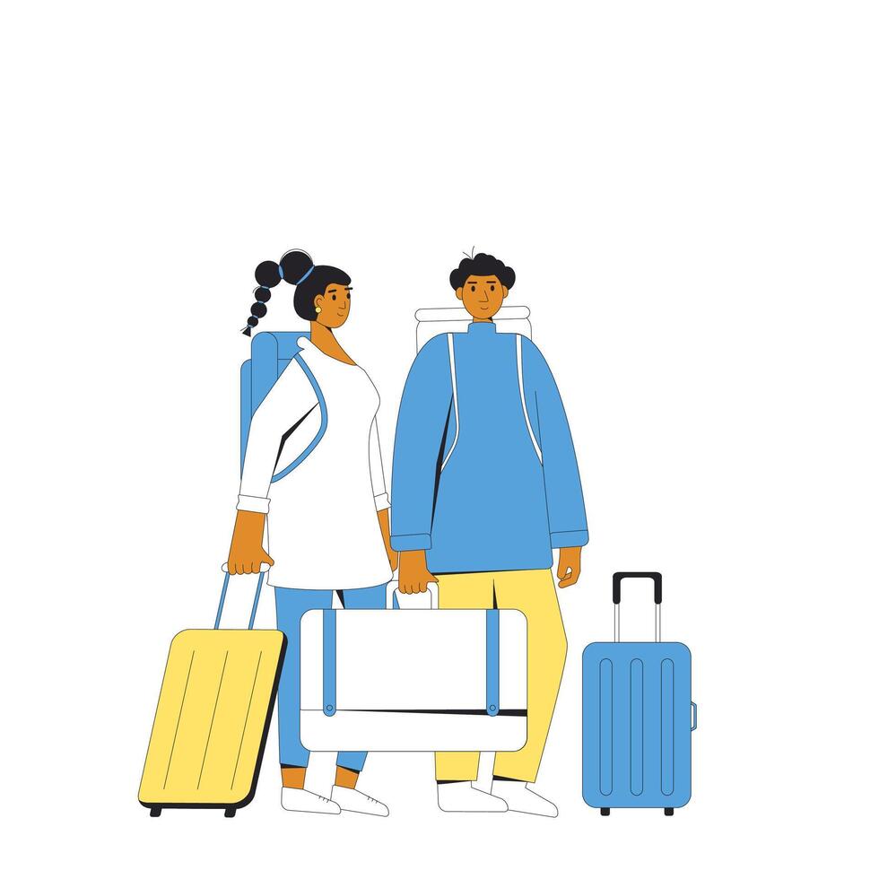 Tourists characters with bags. People isolated with luggage. Young couple standing together. vector