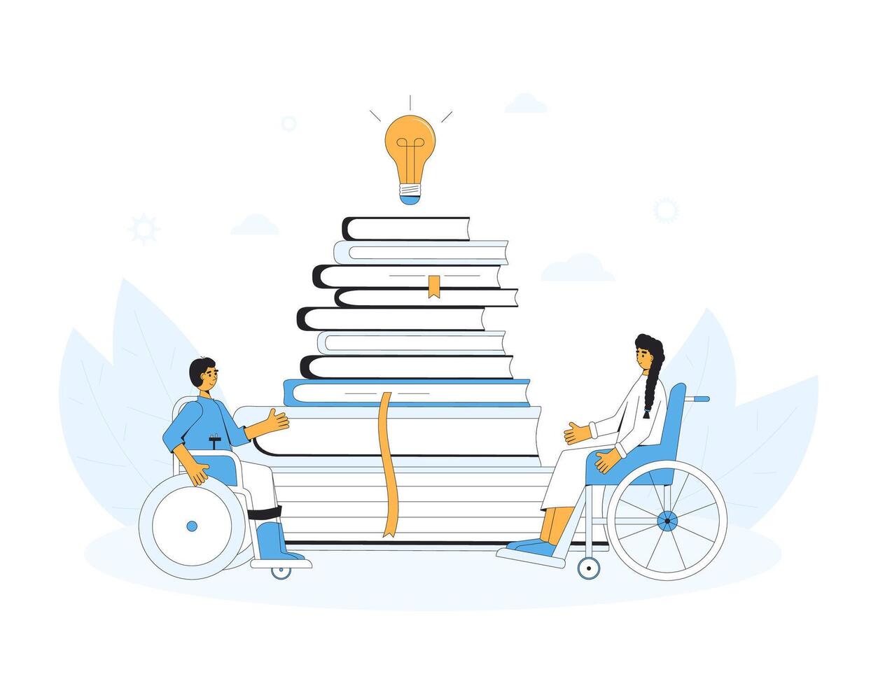 Inclusion education and learning. Knowledge. Scientific research.  Disabled wheelchair students with books. Exam preparation. Vector illustration.