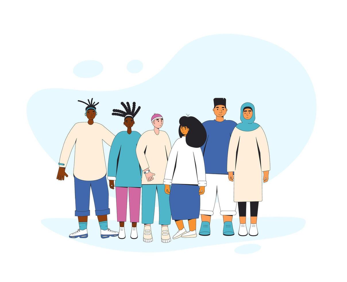 Group of diverse teenagers standing together. Young female and male friends wearing in casual clothes. Boys and girls hugging each other. Vector line illustration.