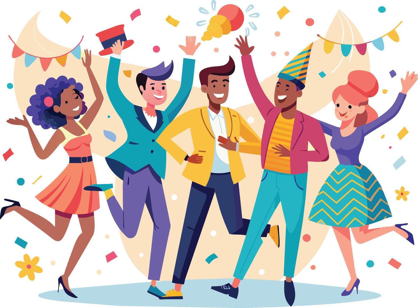 contento joven personas celebrando cumpleaños fiesta plano vector ilustración. alegre joven hombres y mujer bailando juntos.