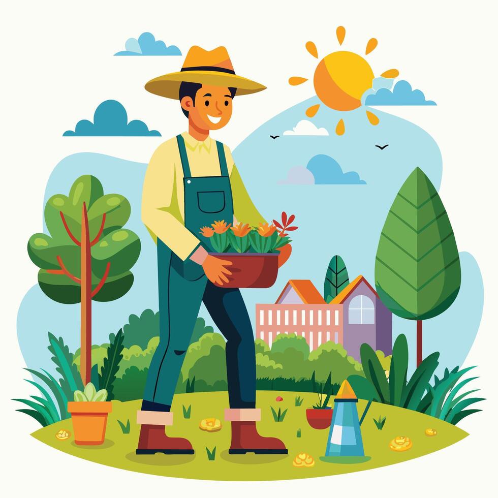 Gardening. Vector illustration in flat style. Man gardener with a basket of flowers.