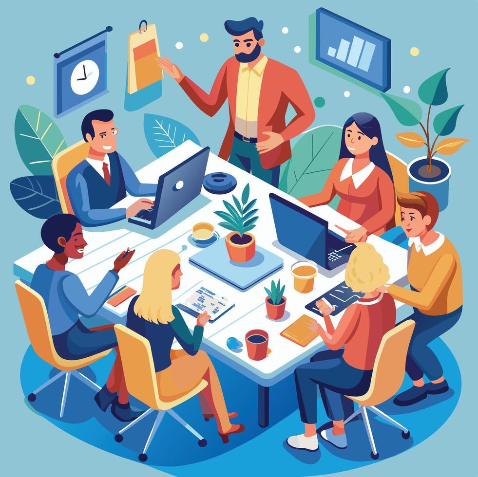Business meeting isometric composition with business people sitting at table in office vector illustration