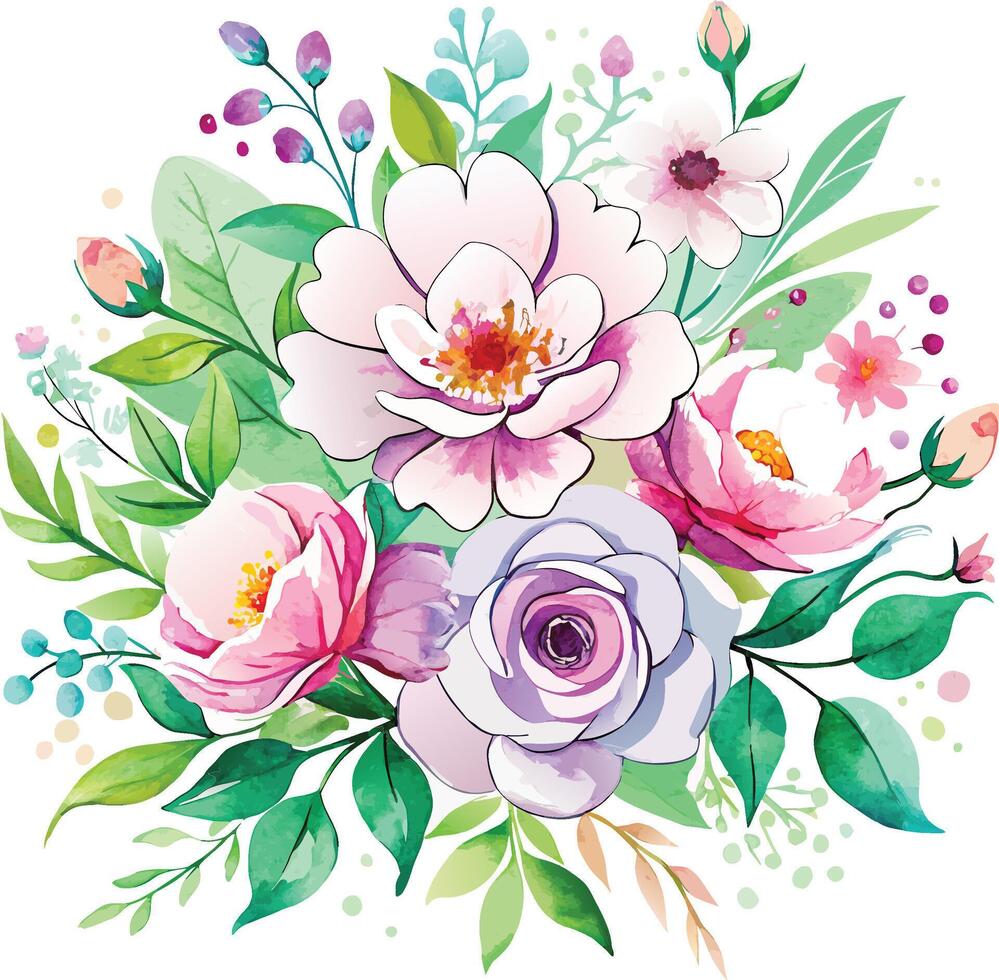 Watercolor floral bouquet. Hand drawn vector illustration. Perfect for invitations, greeting cards