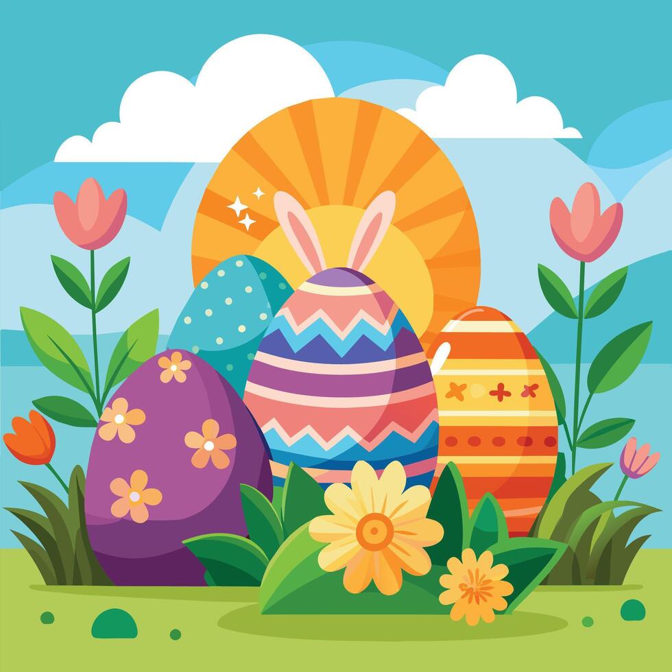 happy easter card with eggs and flowers vector illustration design vector illustration