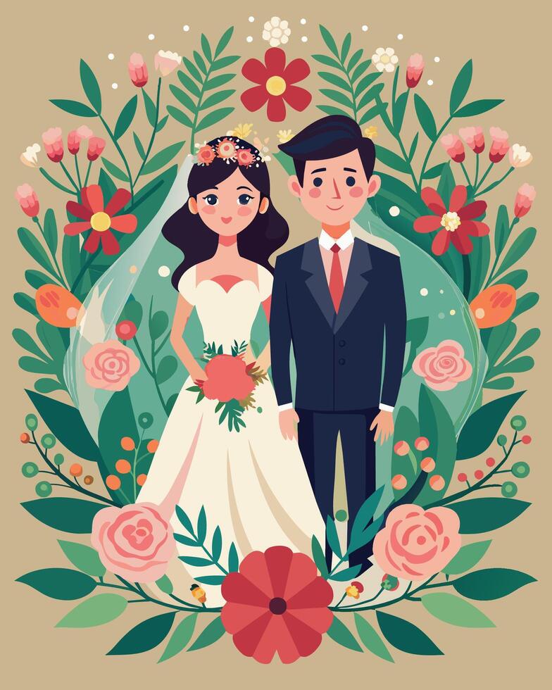 Wedding couple in floral frame. Vector illustration in cartoon style