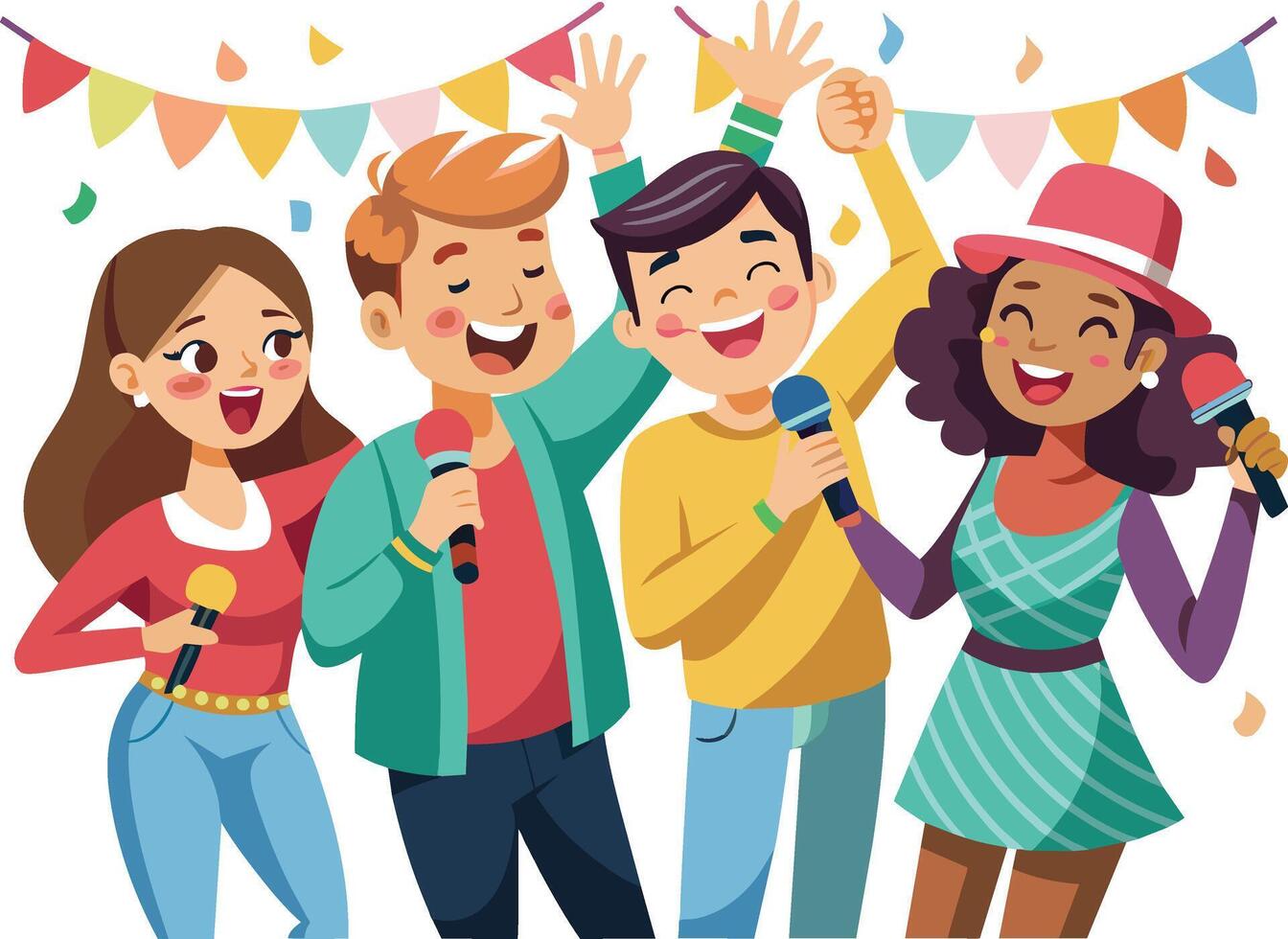 Group of young people singing karaoke together. Group of male and female characters having fun at party, vector