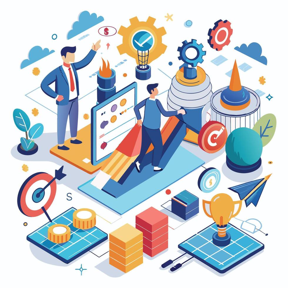 Startup isometric concept with business people characters and icons vector